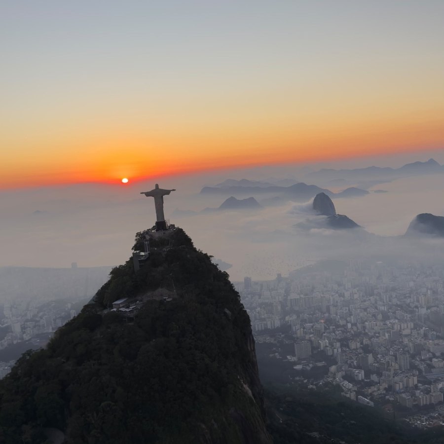 Rio de Janeiro at dusk from the helicopter cabin